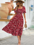 Red Floral Smocked Puff Sleeve Midi Dress