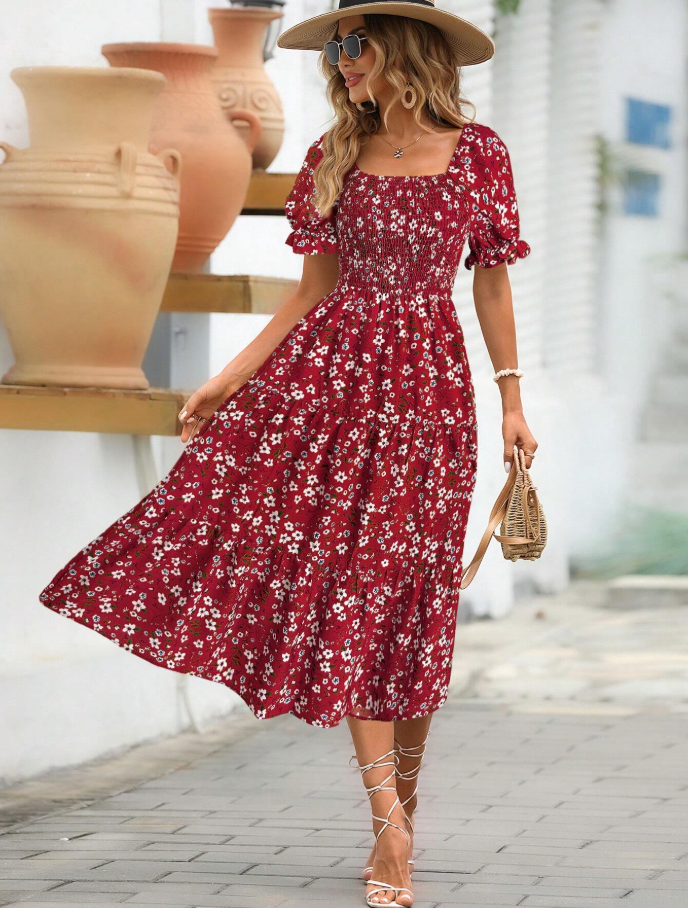 Red Floral Smocked Puff Sleeve Midi Dress