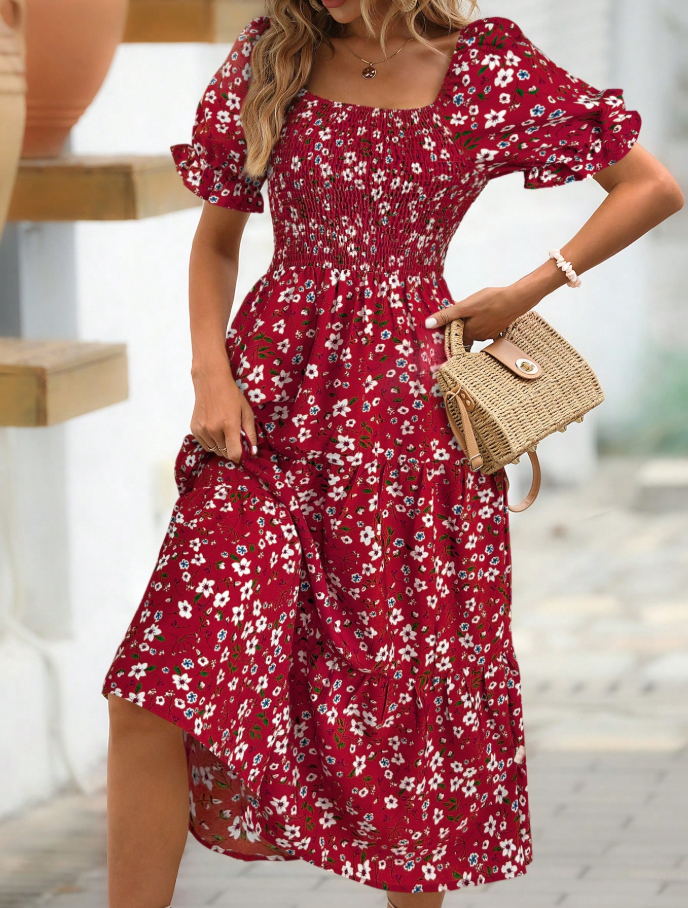 Red Floral Smocked Puff Sleeve Midi Dress