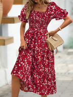 Red Floral Smocked Puff Sleeve Midi Dress