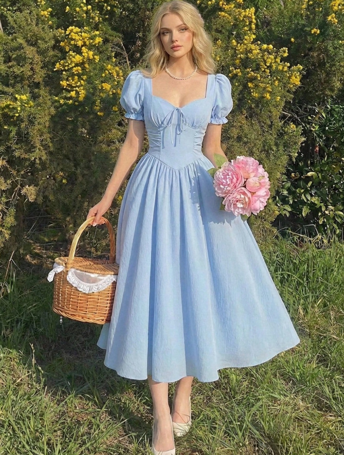 Light Blue Sweetheart Tie-Front Puff Sleeve Midi Dress