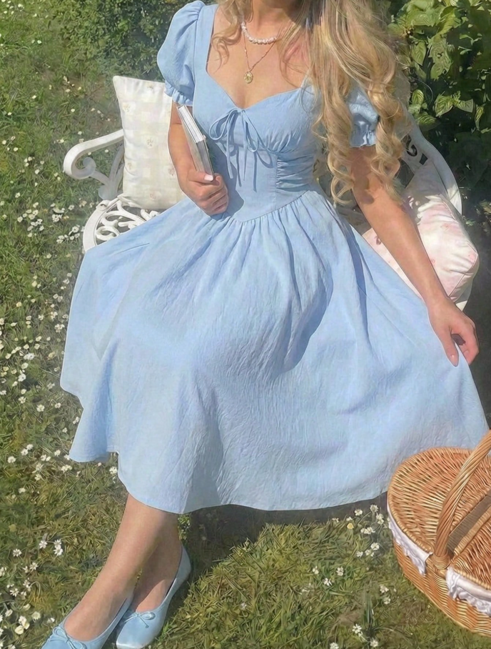 Light Blue Sweetheart Tie-Front Puff Sleeve Midi Dress