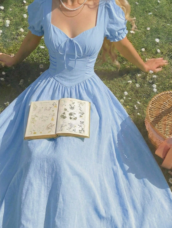 Light Blue Sweetheart Tie-Front Puff Sleeve Midi Dress