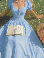 Light Blue Sweetheart Tie-Front Puff Sleeve Midi Dress