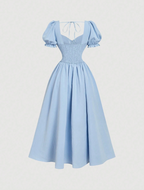 Light Blue Sweetheart Tie-Front Puff Sleeve Midi Dress