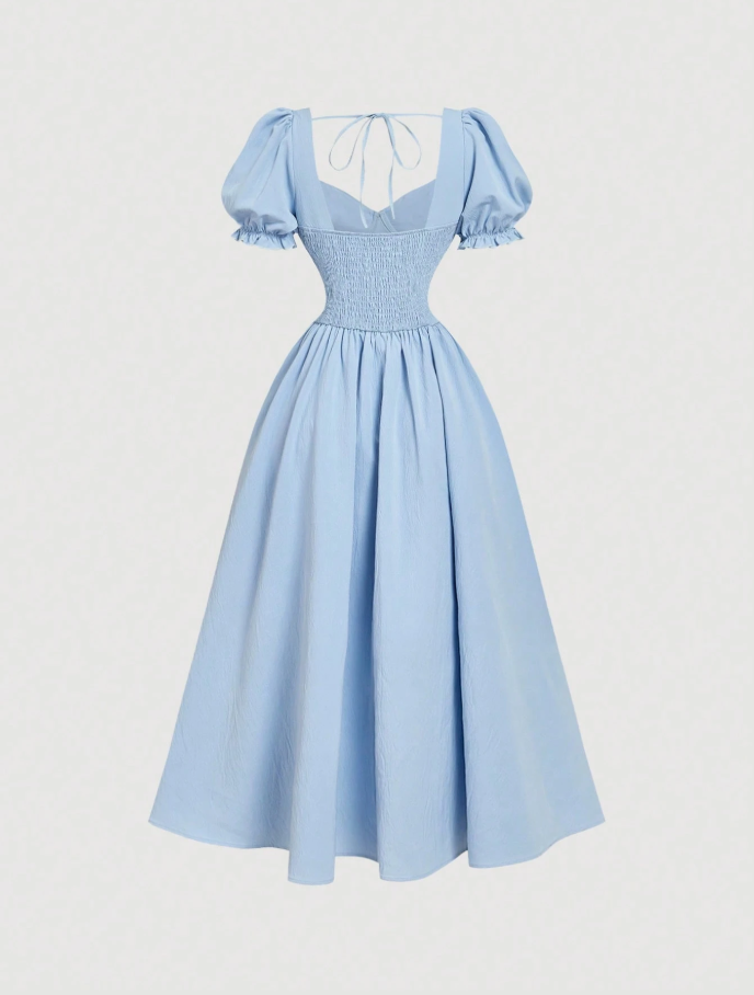 Light Blue Sweetheart Tie-Front Puff Sleeve Midi Dress