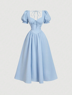 Light Blue Sweetheart Tie-Front Puff Sleeve Midi Dress