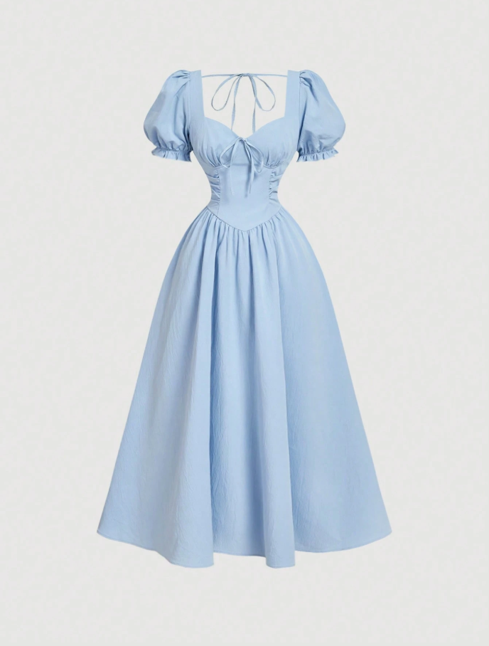 Light Blue Sweetheart Tie-Front Puff Sleeve Midi Dress