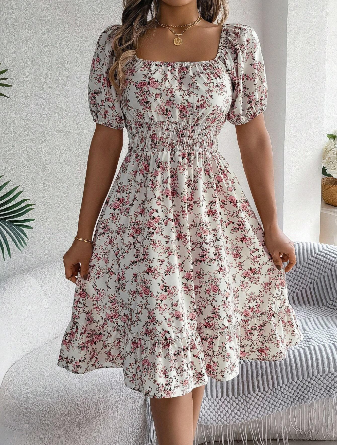 White Floral Smocked Puff Sleeve Midi Dress