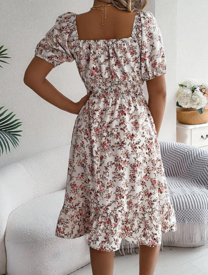 White Floral Smocked Puff Sleeve Midi Dress