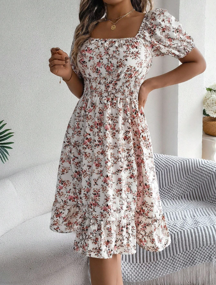 White Floral Smocked Puff Sleeve Midi Dress
