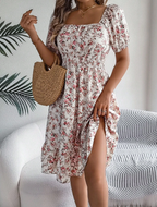 White Floral Smocked Puff Sleeve Midi Dress