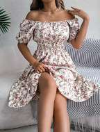 White Floral Smocked Puff Sleeve Midi Dress