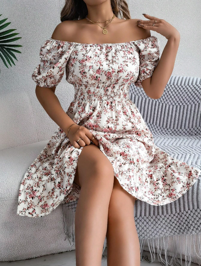 White Floral Smocked Puff Sleeve Midi Dress