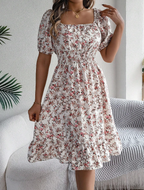 White Floral Smocked Puff Sleeve Midi Dress