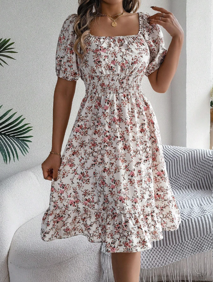 White Floral Smocked Puff Sleeve Midi Dress