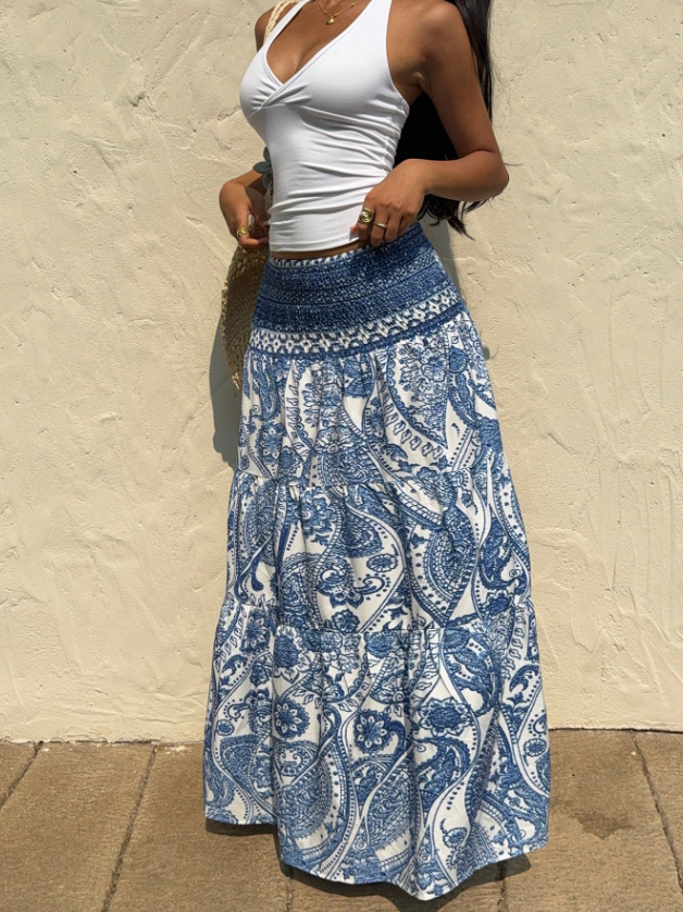 Marina Paisley Flowy Tiered Maxi Skirt